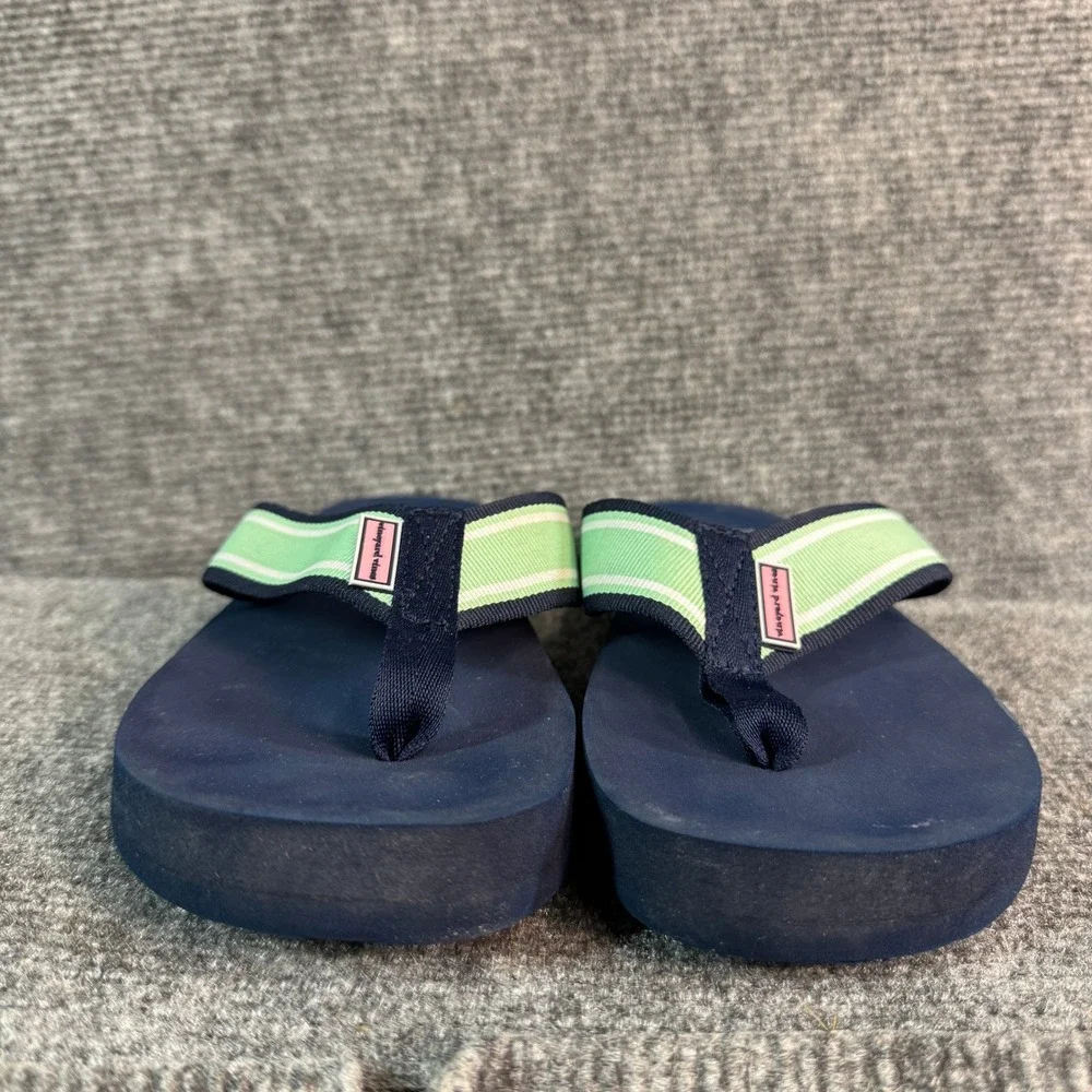 Vineyard Vines Navy Blue Green Striped Ribbon Flip Flop Sandals Kids Size 4